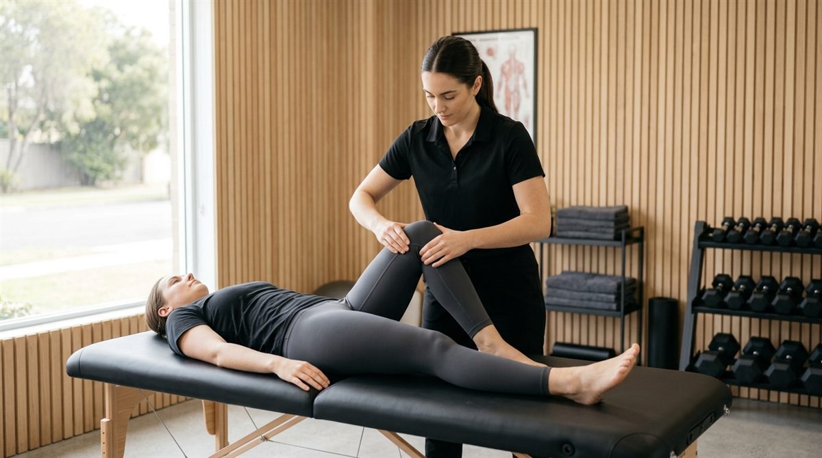 Kinésithérapeute qui soigne le genou d’un patient au studio