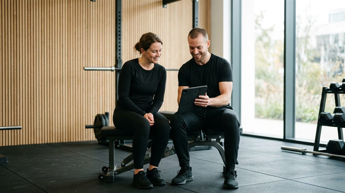 Coach et client qui suivent la progression sur une tablette
