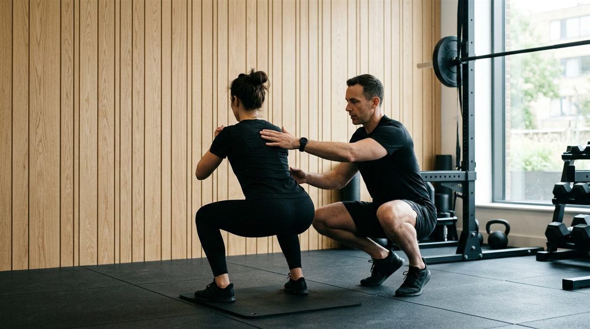 Coach personnel qui corrige un squat pendant une séance sur mesure à Bruxelles